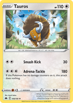 Tauros #106/159 Rare (Reverse Holofoil) / Crown Zenith