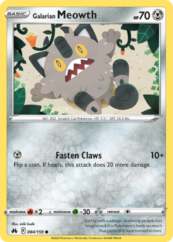 Galarian Meowth #084/159 Common (Reverse Holofoil) / Crown Zenith